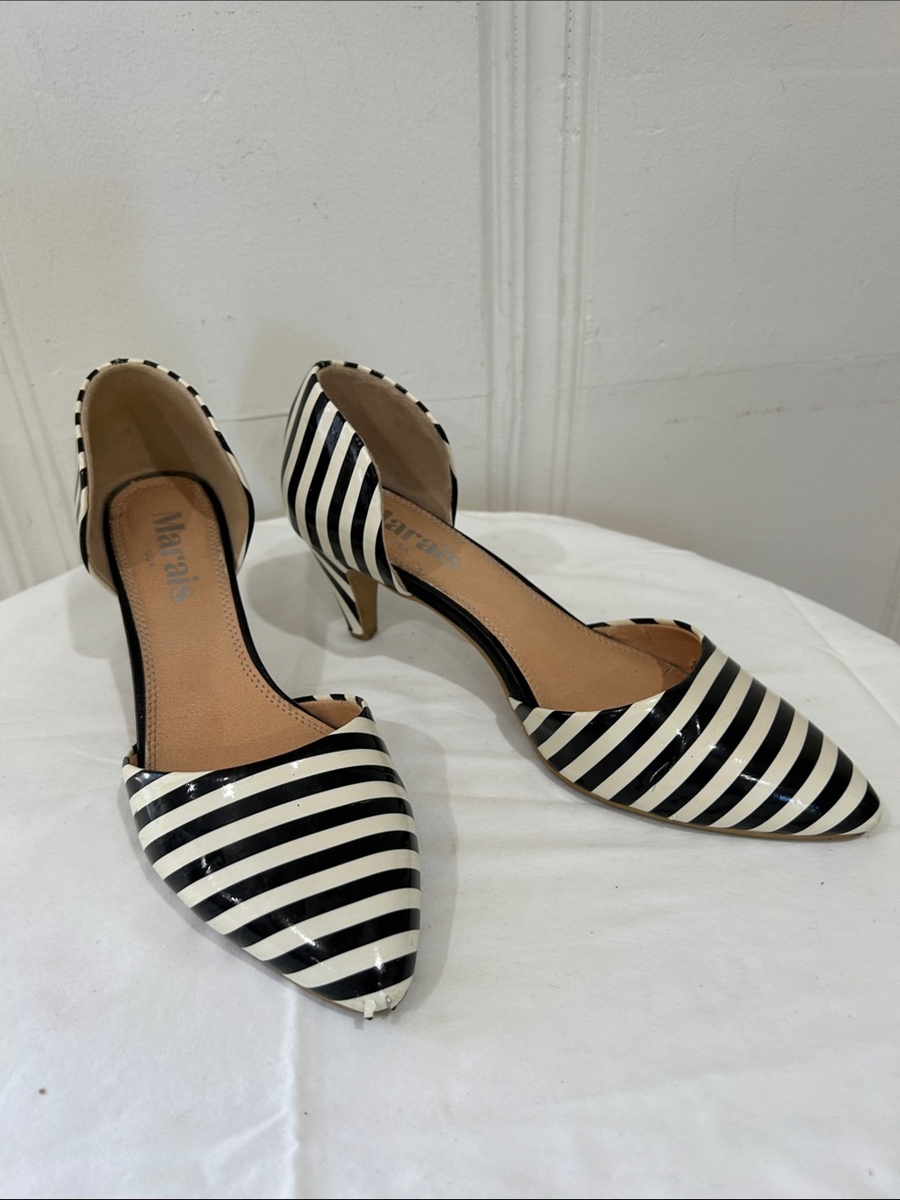 Striped Black and White Pointed-Toe D'Orsay Heels